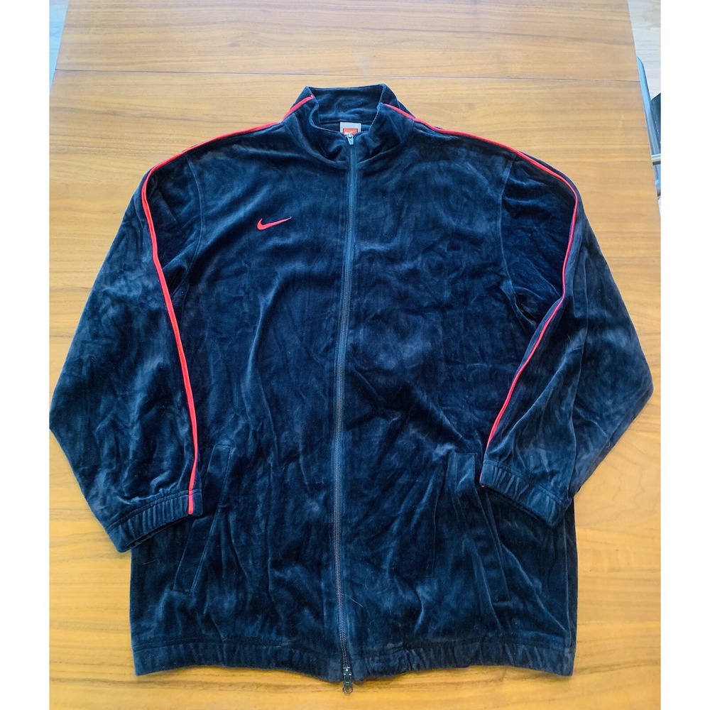 Vintage Nike Velour Track Jacket Sz S/M Black Red Full Zip Swoosh Logo Y2K 90's